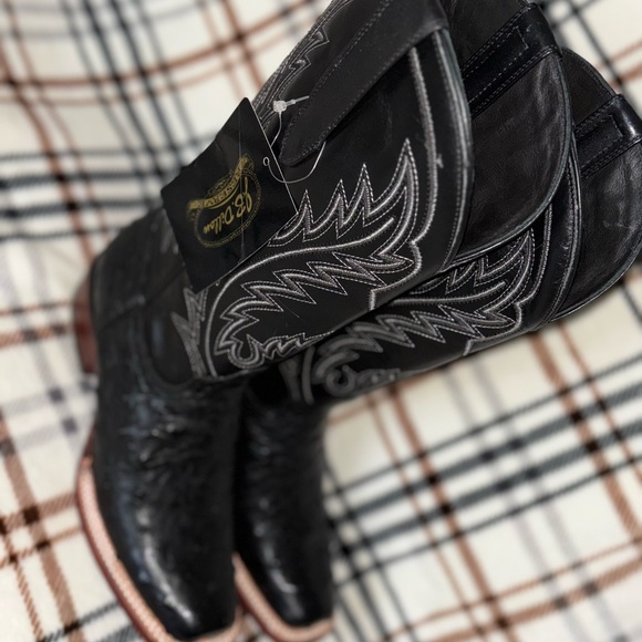 J.B Dillon Black Ostrich Leather Cowgirl Boots - Picture 2 of 10